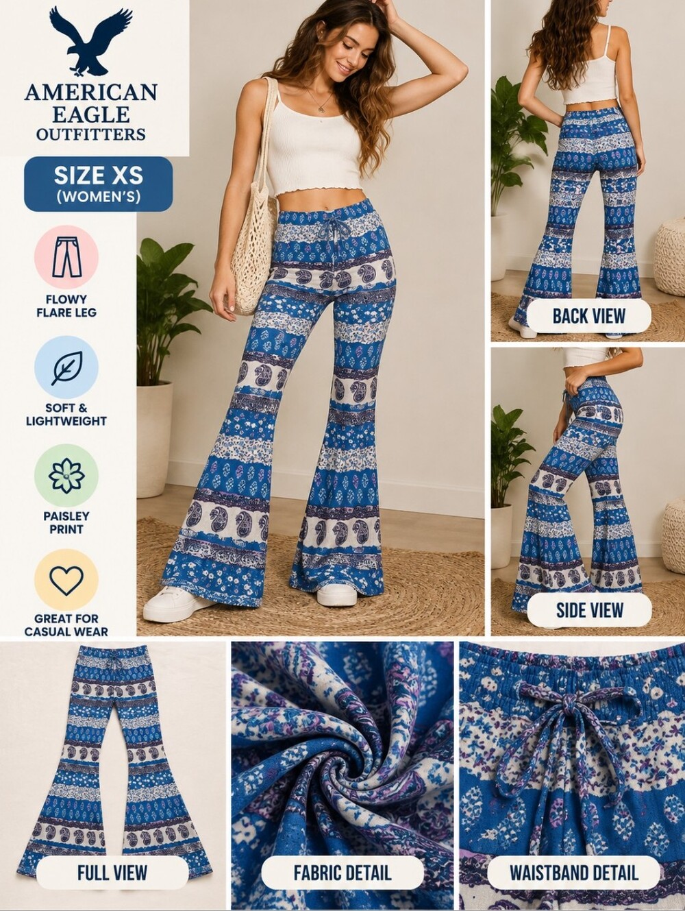 American eagle Women's XS blue paisley flow pants #11